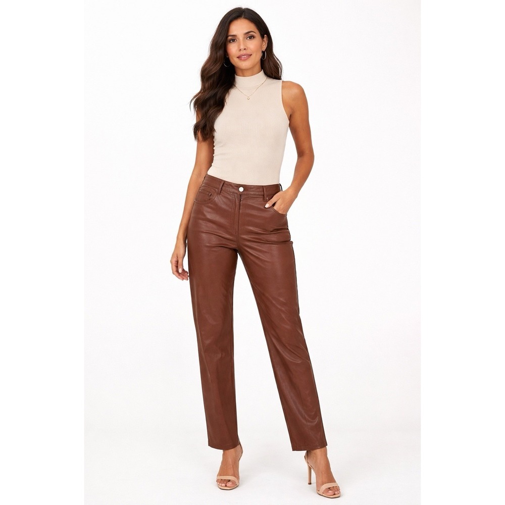 Wilfred‎ Aritzia Melina Vegan Leather Cognac Brown Pants Size 14 Women's